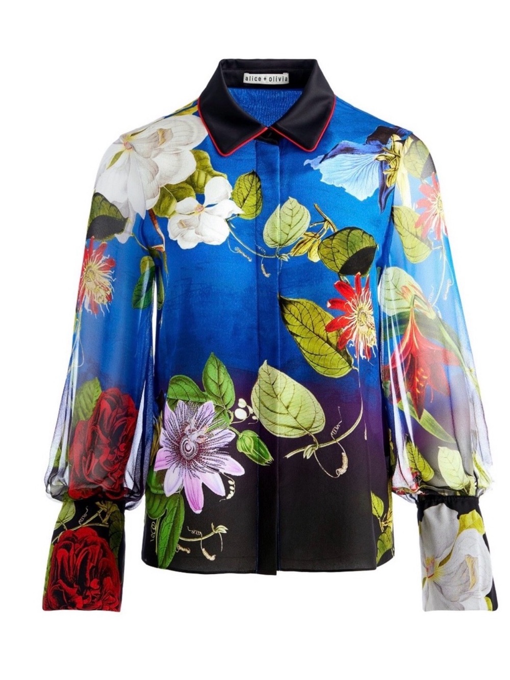 Alice + Olivia Botanical Floral Silk Blend Blouse Black Collar Red Piping M - Picture 2 of 9